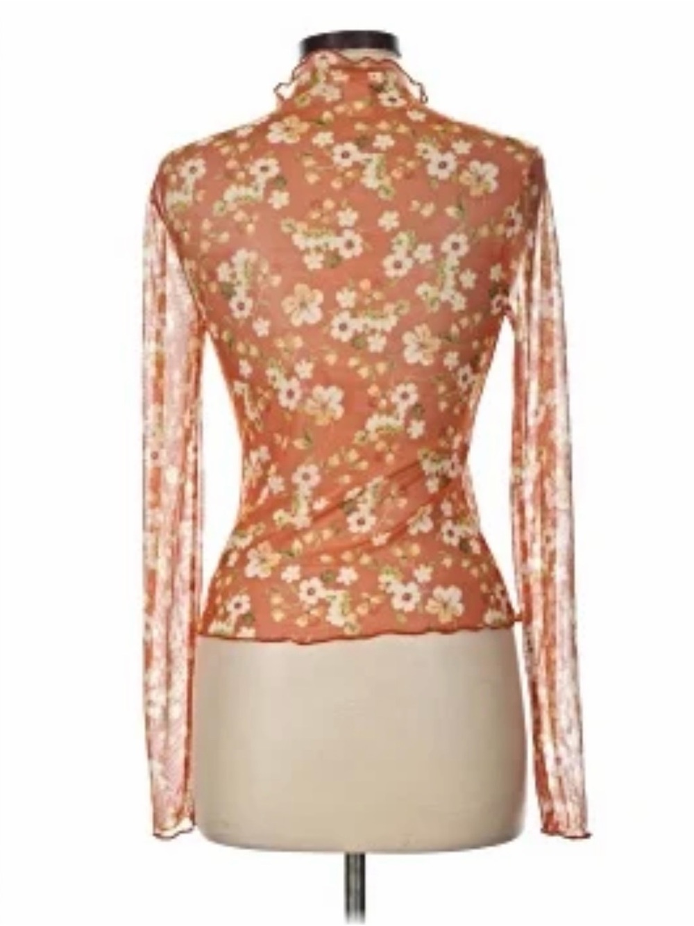Persaya Floral Mesh Long Sleeve Top - Rust Orange with White Blossoms